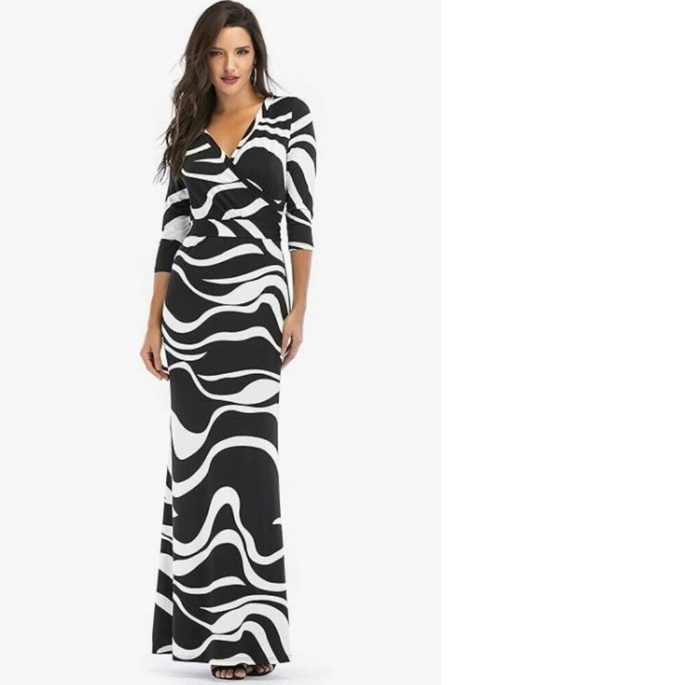 Sunnow Black and White Print V-neck Wrap Dress, NWOT, S